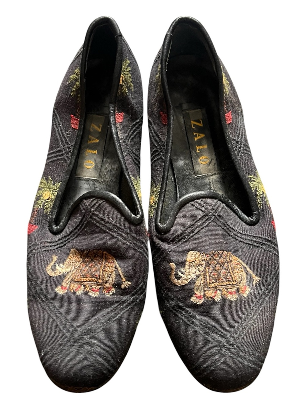 Zalo Black Embroidered Elephant Slip-On Flats, size 9